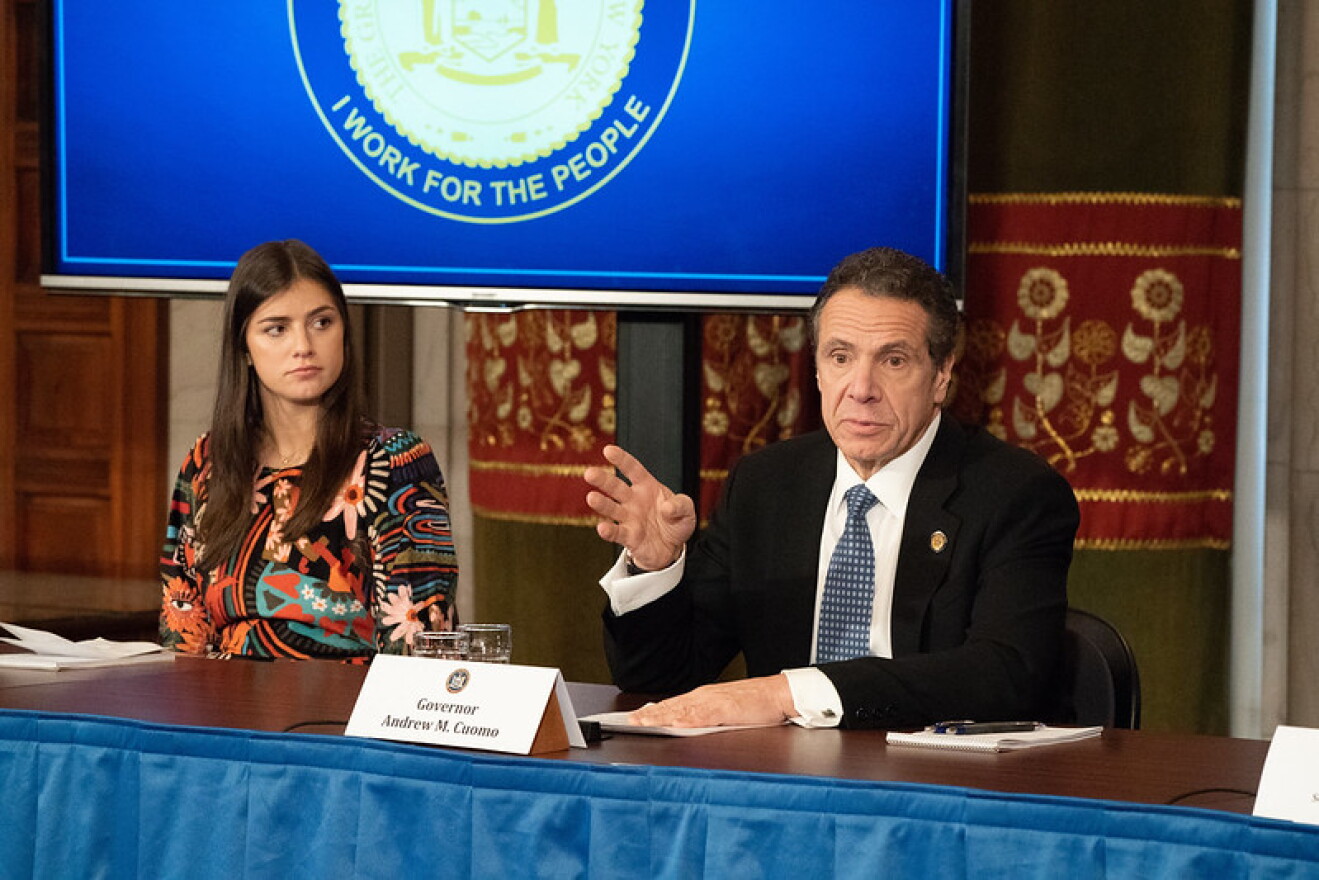 Gov. Andrew Cuomo, right, appears with his daughter Michaela on Thursday to talk about the coronavirus outbreak. Michaela Cuomo is missing the final months of her senior year of college because of the crisis. 